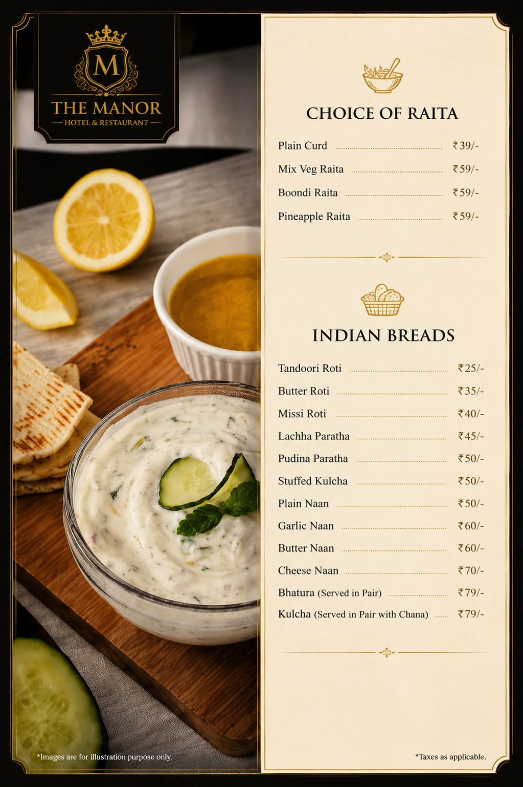 Hotel The Manor Indian Breads Menu