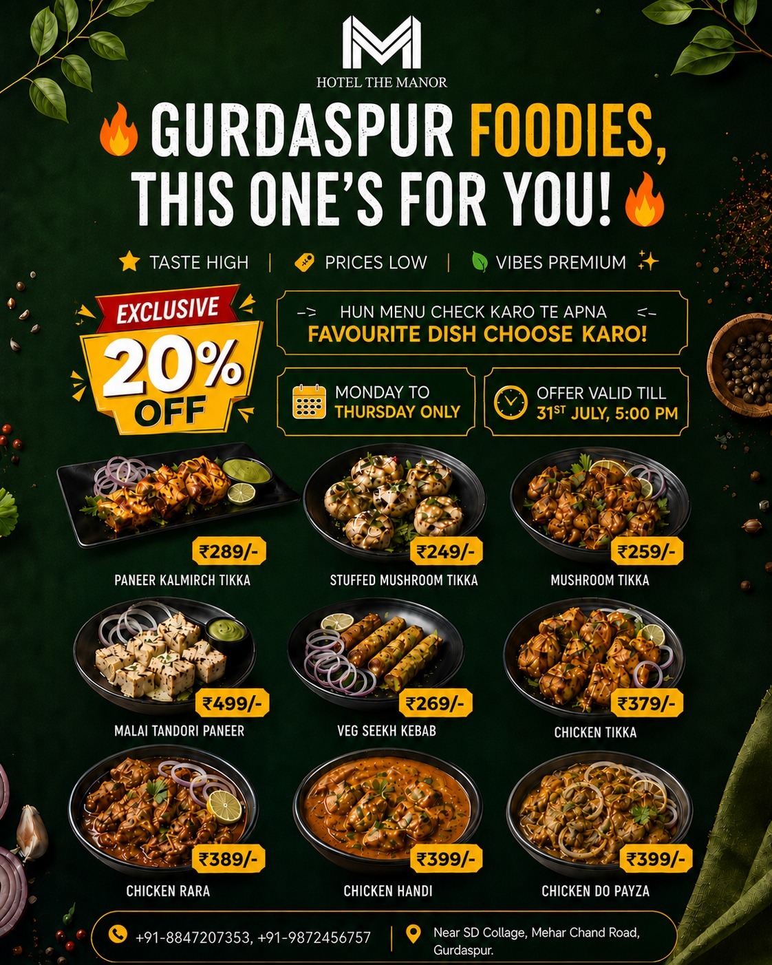 Best menus for foods in Gurdaspur at Hotel The Manor